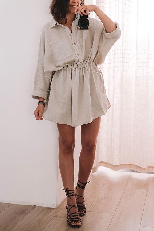 Button Pockets Drawstring Waist Dress - Fashionpara