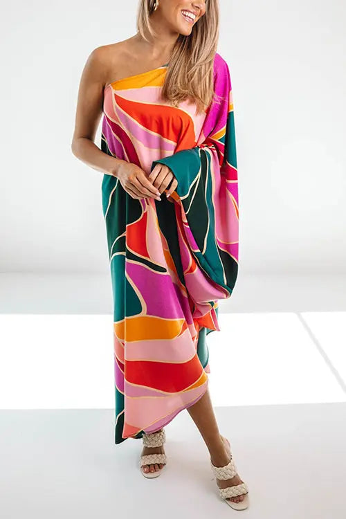 Multi Print Asymmetrical One Shoulder Dress - Fashionpara