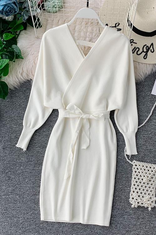 V Neck Off Shoulder Mini Dress - Fashionpara