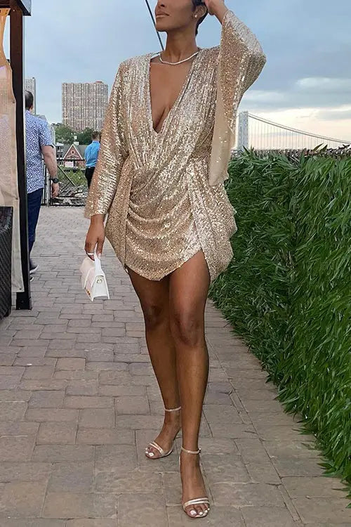 V Neck Sequins Backless Bat Ruched Mini Dress - Fashionpara