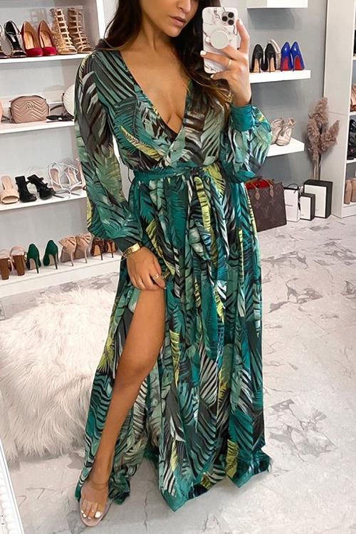 Leaf Print Belted Wrap Long Sleeve Maxi Dress - Fashionpara