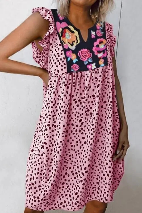 Floral Leopard Print Mini Dress - Fashionpara