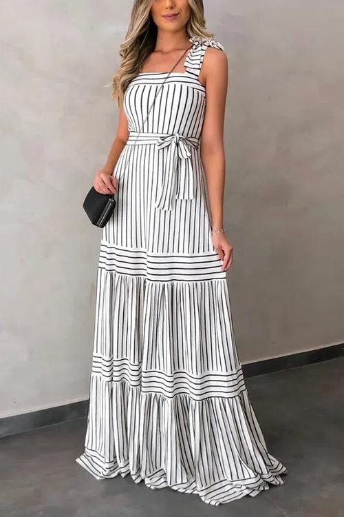 Stripe Bow Tie Belted Maxi Dress - Fashionpara