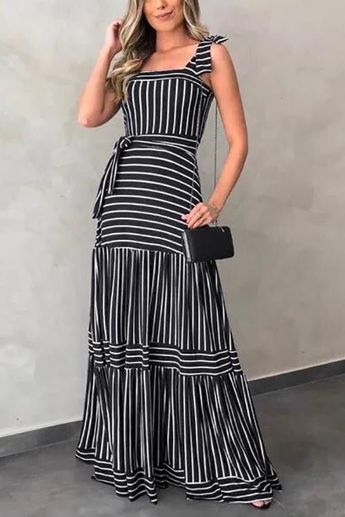Stripe Bow Tie Belted Maxi Dress - Fashionpara