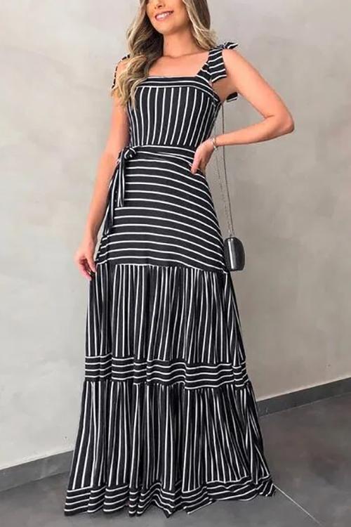 Stripe Bow Tie Belted Maxi Dress - Fashionpara
