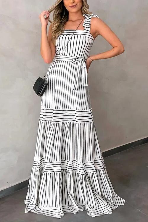 Stripe Bow Tie Belted Maxi Dress - Fashionpara