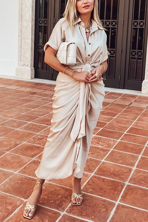 Button Knot Bat Drape Dress - Fashionpara