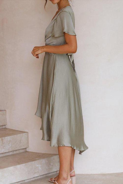 Irregularity Hem Knot Short Sleeve Dress - Fashionpara