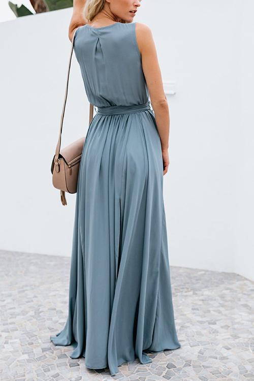 V Neck Sleeveless Slit Wrap Maxi Dress - Fashionpara