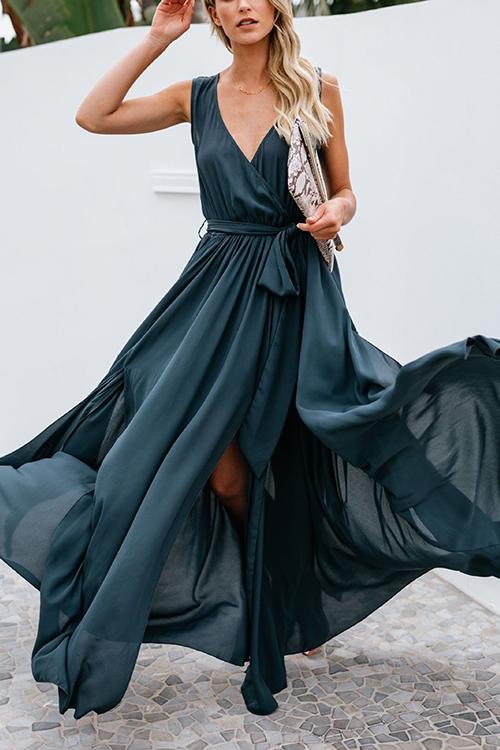 V Neck Sleeveless Slit Wrap Maxi Dress - Fashionpara