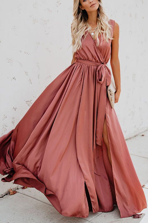 V Neck Sleeveless Slit Wrap Maxi Dress - Fashionpara