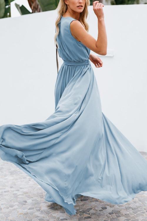 V Neck Sleeveless Slit Wrap Maxi Dress - Fashionpara
