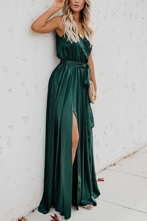 V Neck Sleeveless Slit Wrap Maxi Dress - Fashionpara