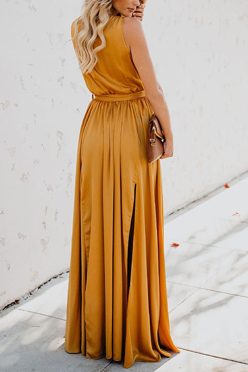 V Neck Sleeveless Slit Wrap Maxi Dress - Fashionpara