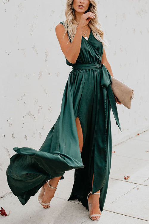 V Neck Sleeveless Slit Wrap Maxi Dress - Fashionpara
