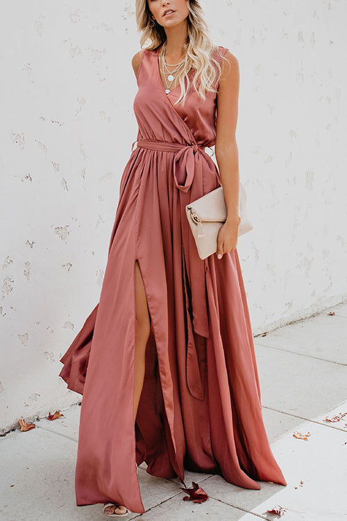 V Neck Sleeveless Slit Wrap Maxi Dress - Fashionpara