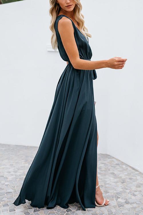 V Neck Sleeveless Slit Wrap Maxi Dress - Fashionpara
