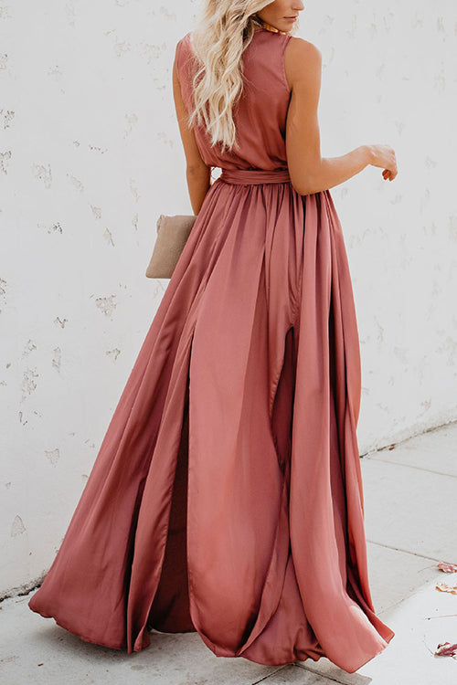 V Neck Sleeveless Slit Wrap Maxi Dress - Fashionpara