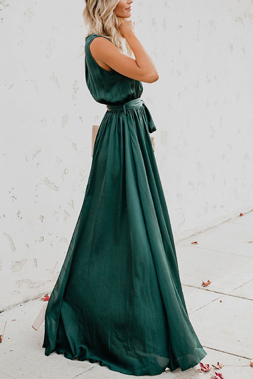 V Neck Sleeveless Slit Wrap Maxi Dress - Fashionpara