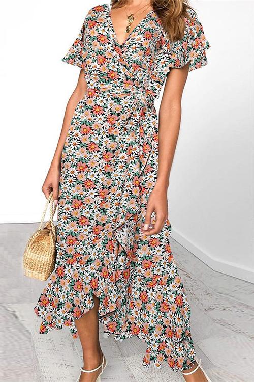 Floral Ruffles Print Wrap Maxi Dress - Fashionpara