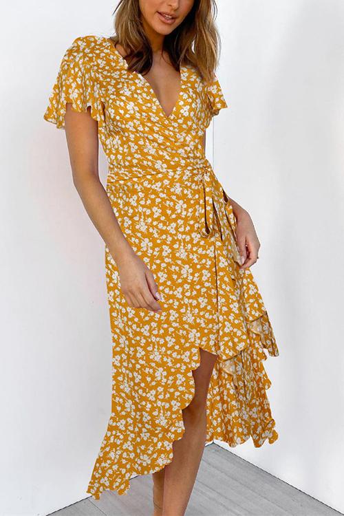 Floral Ruffles Print Wrap Maxi Dress - Fashionpara