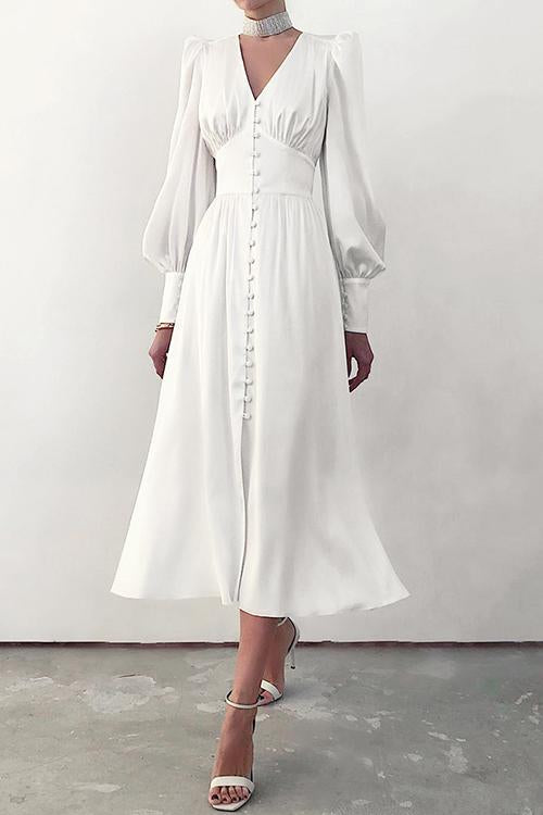 Satin Button Puff Long Sleeve Dress - Fashionpara