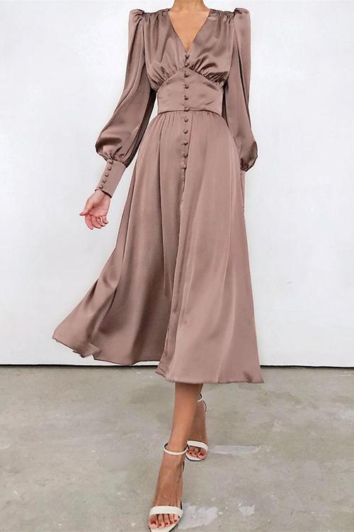 Satin Button Puff Long Sleeve Dress - Fashionpara