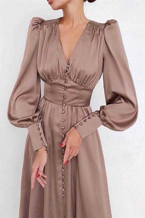 Satin Button Puff Long Sleeve Dress - Fashionpara