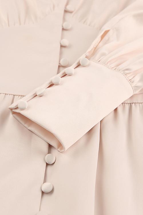 Satin Button Puff Long Sleeve Dress - Fashionpara