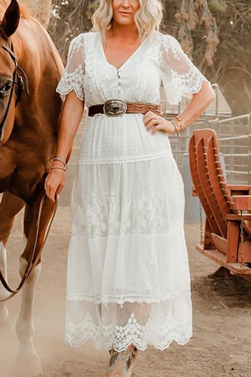 Button Lace V Neck Short Sleeve Maxi Dress - Fashionpara