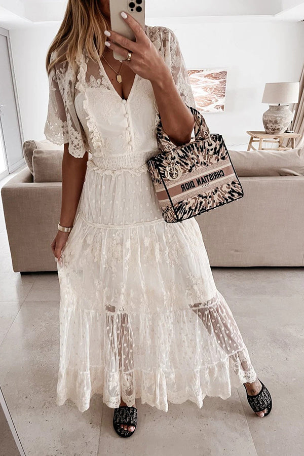 Button Lace V Neck Short Sleeve Maxi Dress - Fashionpara