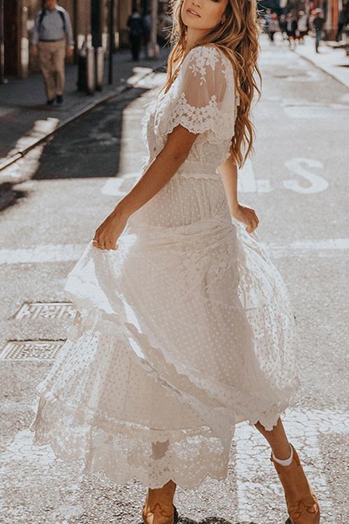 Button Lace V Neck Short Sleeve Maxi Dress - Fashionpara