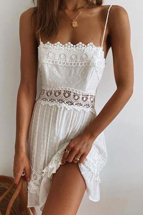 Ruffles Lace Hollow Slip Mini Dress - Fashionpara