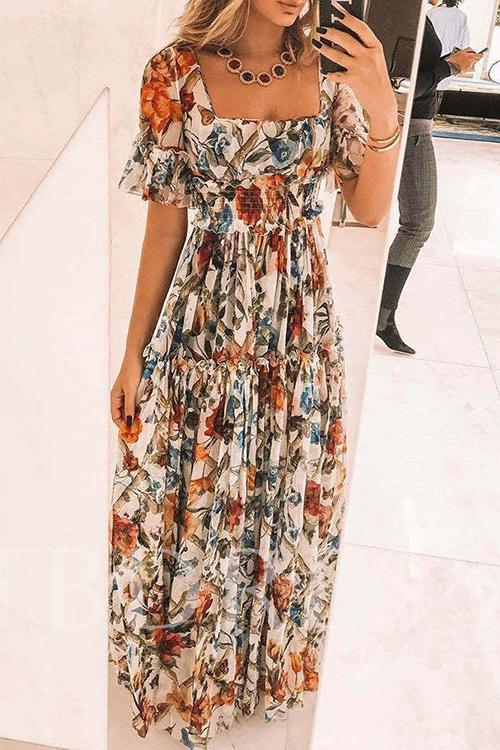 Floral Square Neck Short Sleeve Maxi Dress - Fashionpara