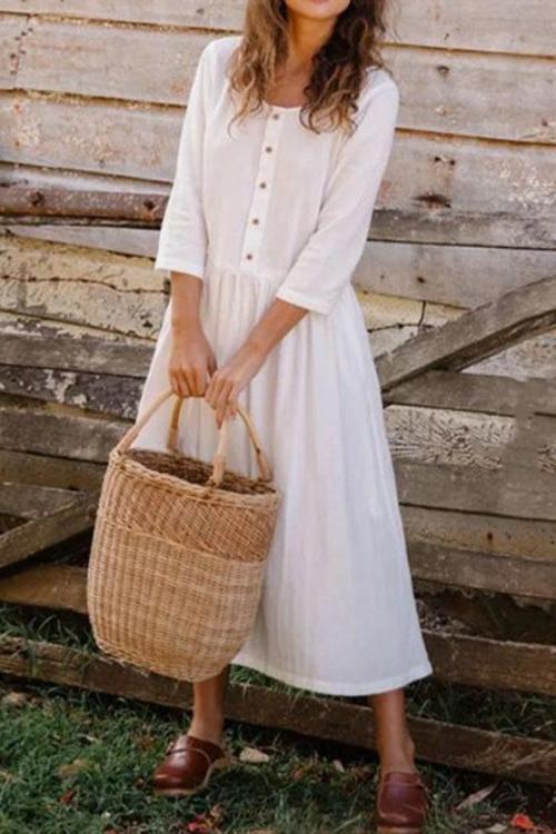 O Neck Button Half Sleeve Dress - Fashionpara