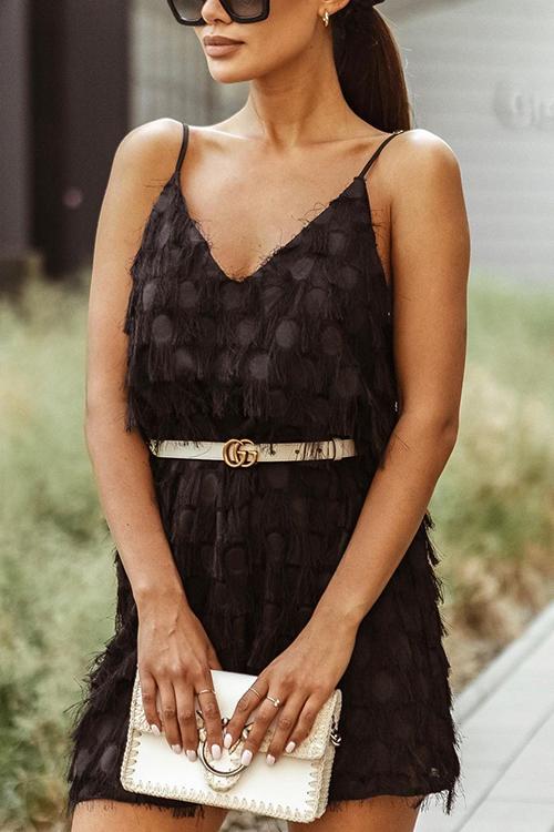 Layered Fringe Trim Slip Mini Dress - Fashionpara