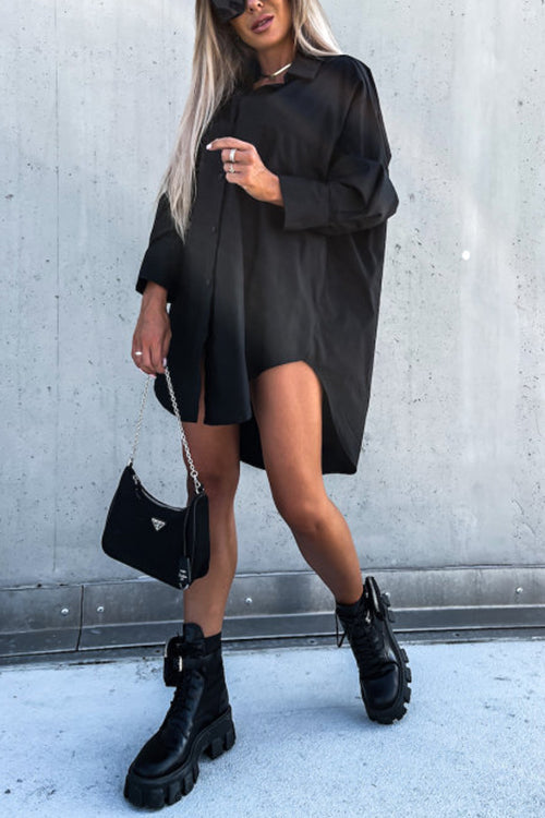 Button Pockets Oversized Shirt Dress - Fashionpara
