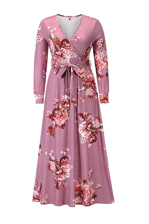 Timeless Floral Print Long Sleeve Wrap Maxi Dress - Fashionpara