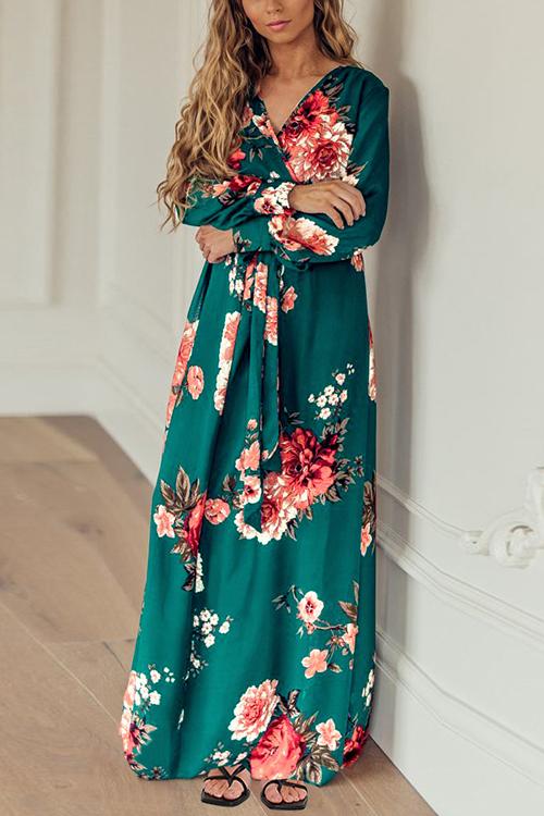 Timeless Floral Print Long Sleeve Wrap Maxi Dress - Fashionpara