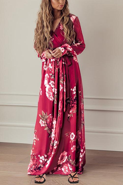 Timeless Floral Print Long Sleeve Wrap Maxi Dress - Fashionpara
