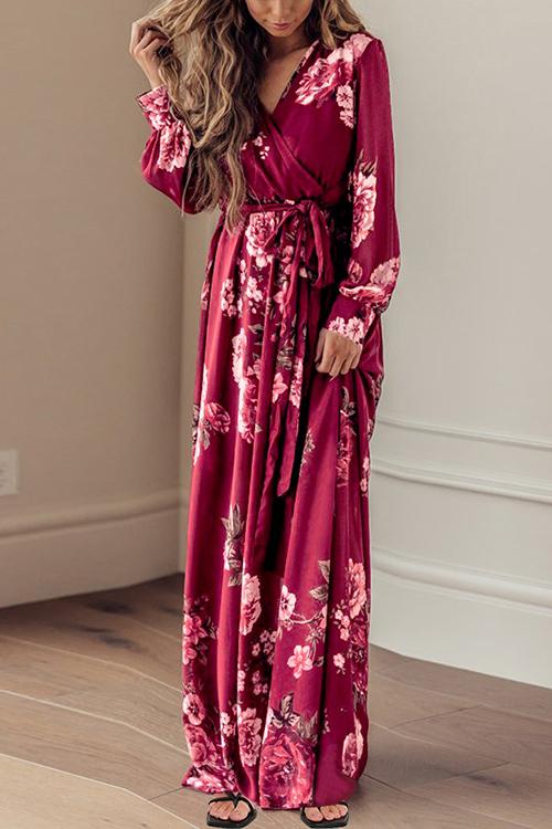 Timeless Floral Print Long Sleeve Wrap Maxi Dress - Fashionpara