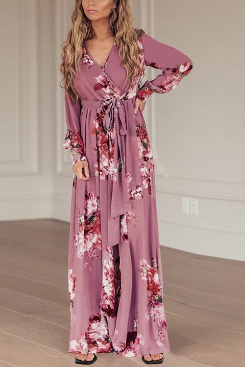 Timeless Floral Print Long Sleeve Wrap Maxi Dress - Fashionpara