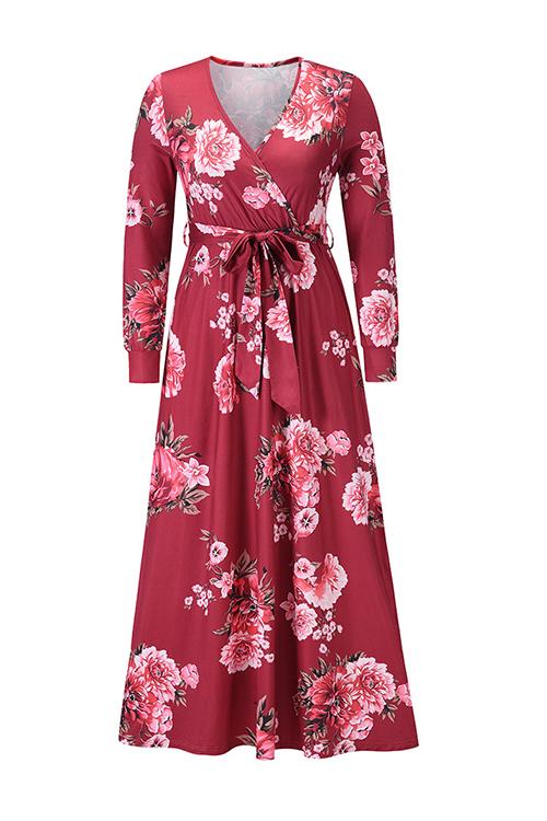 Timeless Floral Print Long Sleeve Wrap Maxi Dress - Fashionpara