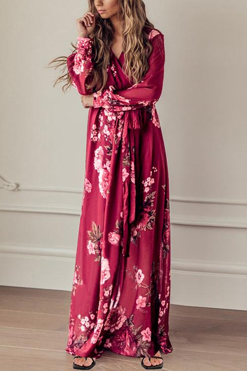 Timeless Floral Print Long Sleeve Wrap Maxi Dress - Fashionpara