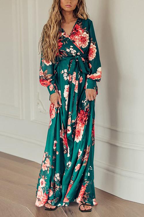 Timeless Floral Print Long Sleeve Wrap Maxi Dress - Fashionpara