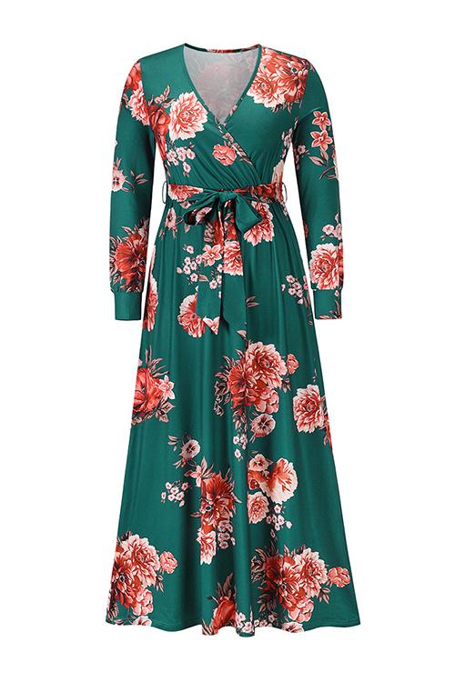 Timeless Floral Print Long Sleeve Wrap Maxi Dress - Fashionpara
