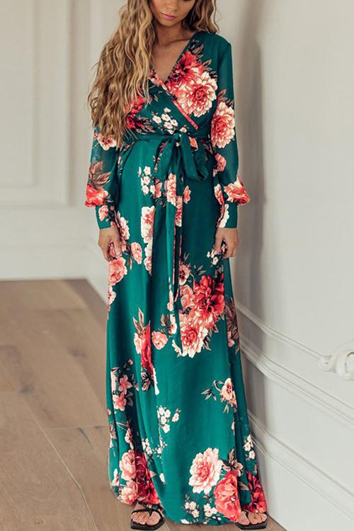Timeless Floral Print Long Sleeve Wrap Maxi Dress - Fashionpara