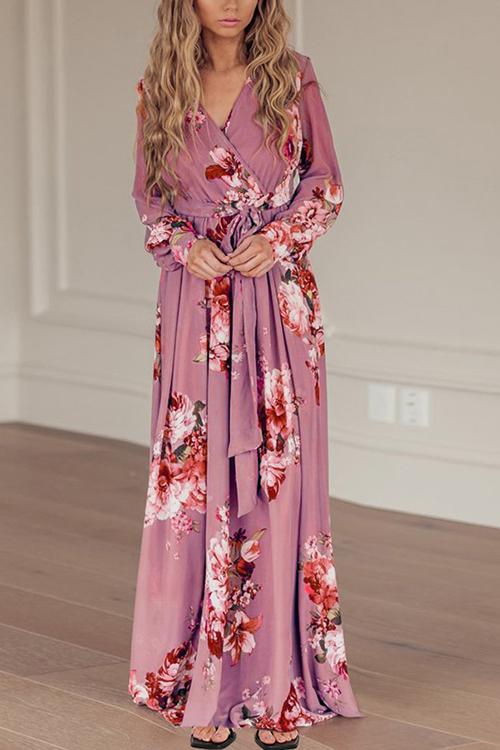 Timeless Floral Print Long Sleeve Wrap Maxi Dress - Fashionpara