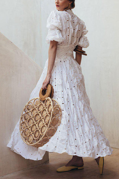 V Neck Hollow Ruffle Puff Sleeve Maxi Dress - Fashionpara