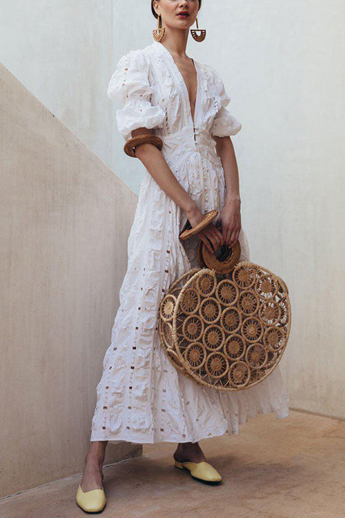 V Neck Hollow Ruffle Puff Sleeve Maxi Dress - Fashionpara